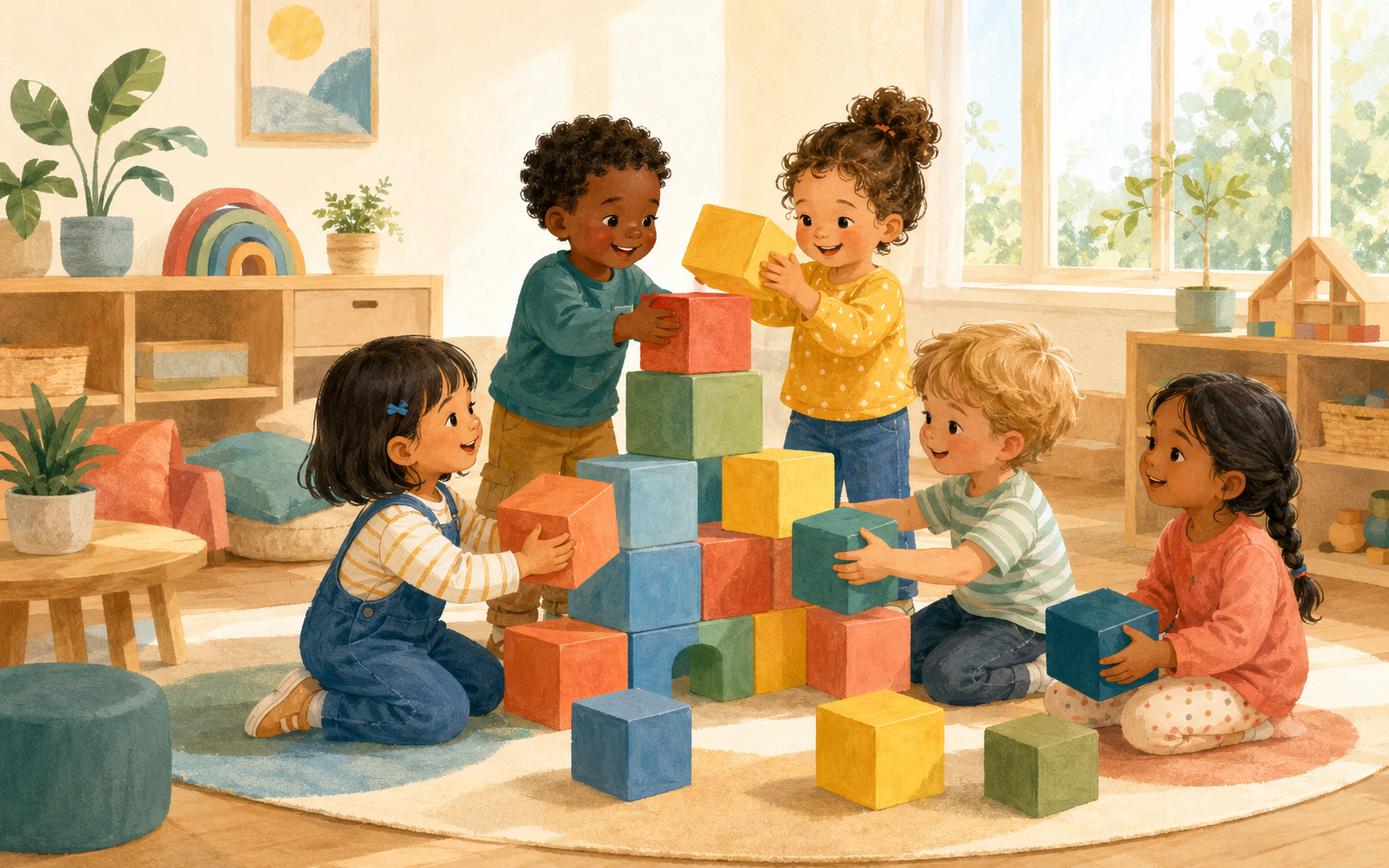 Illustration of children building colorful learning blocks together